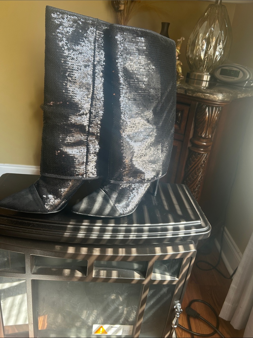 Mata Shoes Black Sequined Knee-High Heeled Boots